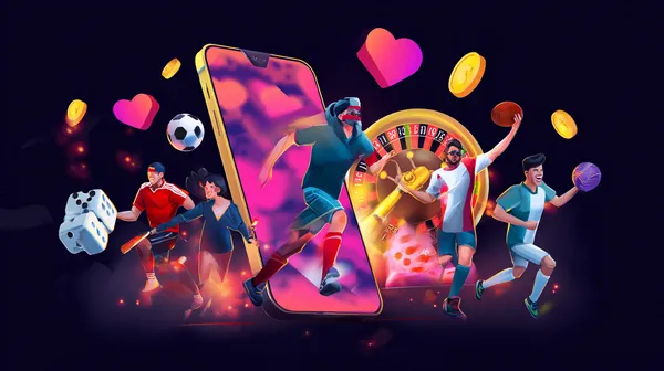 A young woman relaxing with her phone while dynamic casino elements float around her, illustrating the smooth mobile experience offered by the AB9999 app.